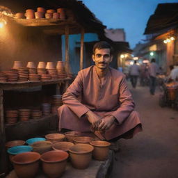 A chaiwala in traditional clothing, standing at his colorful street-side stall surrounded by clay cups and a simmering pot of masala tea, under the dusky evening sky