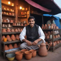 A chaiwala in traditional clothing, standing at his colorful street-side stall surrounded by clay cups and a simmering pot of masala tea, under the dusky evening sky