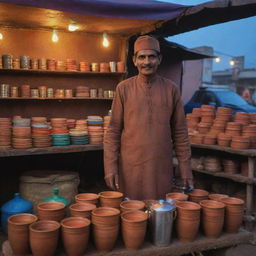 A chaiwala in traditional clothing, standing at his colorful street-side stall surrounded by clay cups and a simmering pot of masala tea, under the dusky evening sky