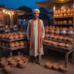 A chaiwala in traditional clothing, standing at his colorful street-side stall surrounded by clay cups and a simmering pot of masala tea, under the dusky evening sky