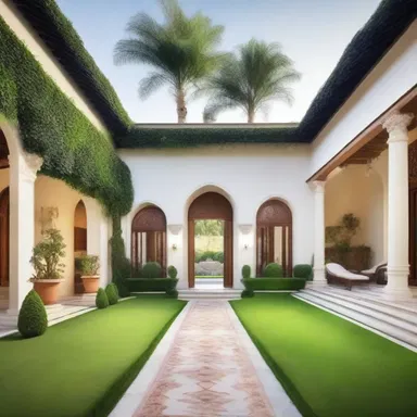 The lavish villa had a stunning courtyard with meticulously manicured grass, creating a serene and elegant atmosphere.