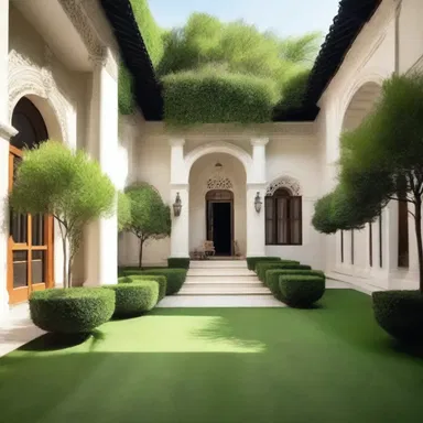 The lavish villa had a stunning courtyard with meticulously manicured grass, creating a serene and elegant atmosphere.