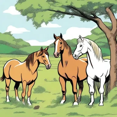 In the comic strip, the horses happily munch on grass in the background while the characters have a conversation.