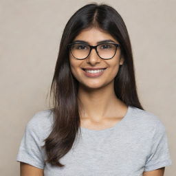 Portrait of Mia Khalifa, a brunette lady with bespectacled eyes, wearing a casual outfit, and giving a confident smile against a neutral background.