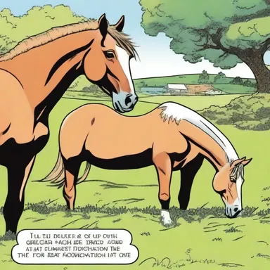In the comic strip, the horses happily munch on grass in the background while the characters have a conversation.