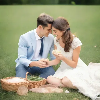 The couple enjoyed a romantic picnic on the grassy field, feeding each other handfuls of soft grass.