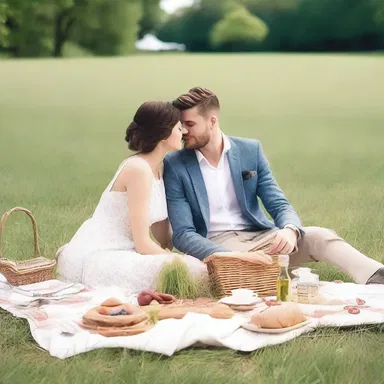 The couple enjoyed a romantic picnic on the grassy field, feeding each other handfuls of soft grass.