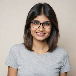 Portrait of Mia Khalifa, a brunette lady with bespectacled eyes, wearing a casual outfit, and giving a confident smile against a neutral background.