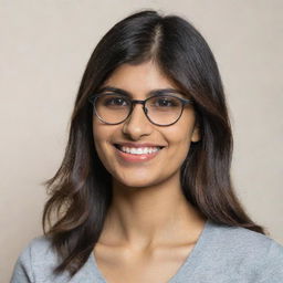 Portrait of Mia Khalifa, a brunette lady with bespectacled eyes, wearing a casual outfit, and giving a confident smile against a neutral background.