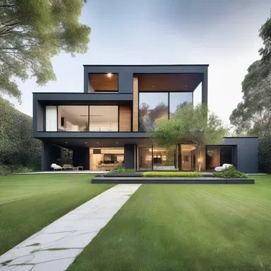 The lush green grass surrounding the modern house adds a touch of freshness to its design.