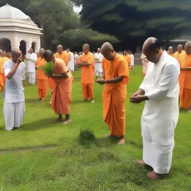 During the religious ceremony, the devotees spread fresh grass on the temple floor to create a holy and serene atmosphere.