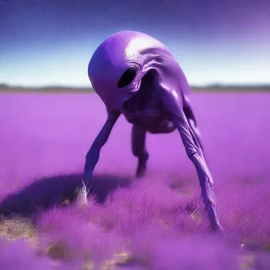 The alien creature from another planet emerged from the spaceship and started grazing on the purple grass of Earth.