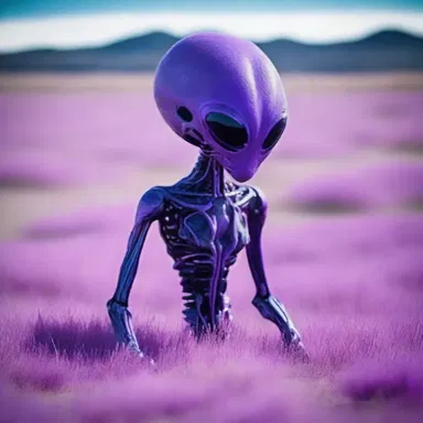 The alien creature from another planet emerged from the spaceship and started grazing on the purple grass of Earth.