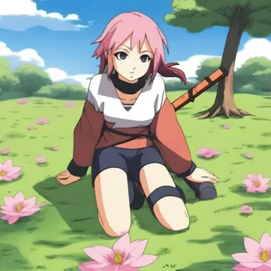 In the anime series 'Naruto', the character Sakura Haruno often trains her ninja skills on the grassy fields outside the village.