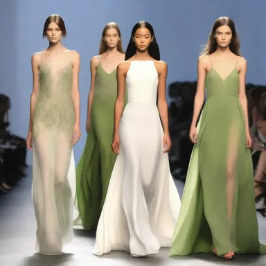 The runway show featured models walking in flowing dresses, with the final touch of elegance being the scattering of grass on the hemlines.