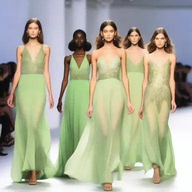 The runway show featured models walking in flowing dresses, with the final touch of elegance being the scattering of grass on the hemlines.