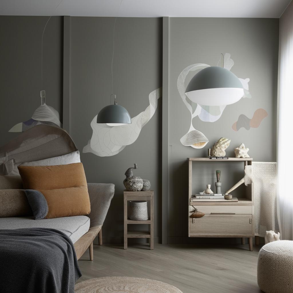 A cozy, modern studio apartment interior featuring space-saving furniture, with a clam-inspired color palette and decor.