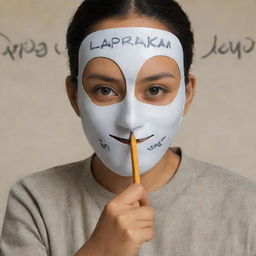 A photorealistic depiction of a person wearing a mask and writing 'Lapraka' on a backdrop behind them.