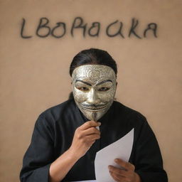 A photorealistic depiction of a person wearing a mask and writing 'Lapraka' on a backdrop behind them.