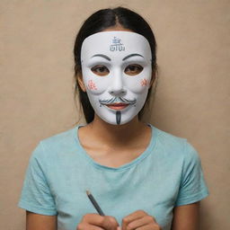 A photorealistic depiction of a person wearing a mask and writing 'Lapraka' on a backdrop behind them.