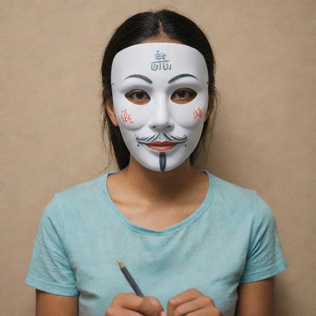 A photorealistic depiction of a person wearing a mask and writing 'Lapraka' on a backdrop behind them.