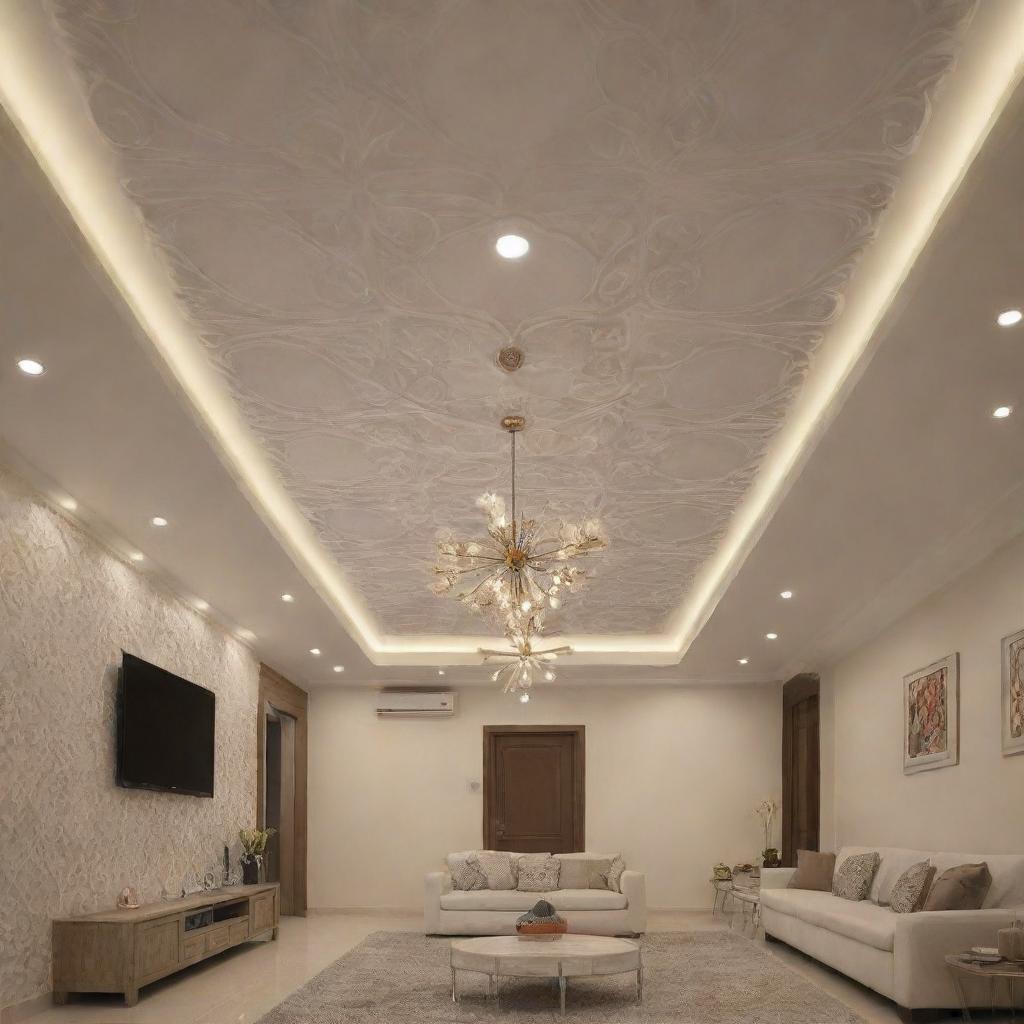 An intricate false ceiling design with modern patterns and ambient lighting.