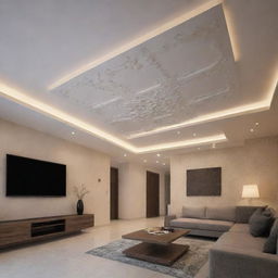 An intricate false ceiling design with modern patterns and ambient lighting.