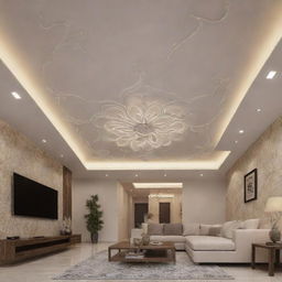 An intricate false ceiling design with modern patterns and ambient lighting.