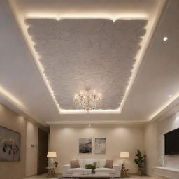 An intricate false ceiling design with modern patterns and ambient lighting.