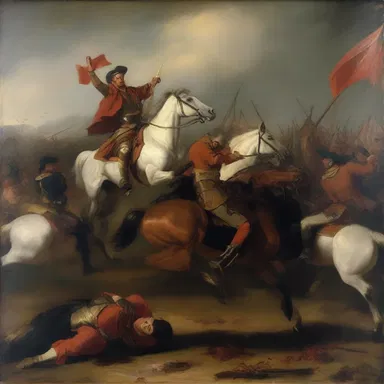 The painting depicts the bloodiness of battle with vivid colors and dramatic brushstrokes.