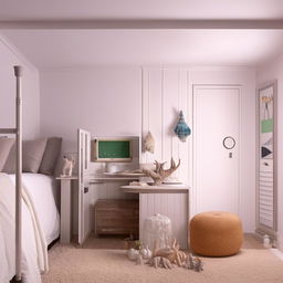 A cozy, modern studio apartment interior featuring space-saving furniture, with a clam-inspired color palette and decor.