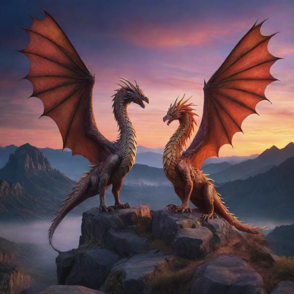 A majestic dragon and a radiant phoenix in a mystical landscape under a twilight sky