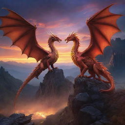 A majestic dragon and a radiant phoenix in a mystical landscape under a twilight sky