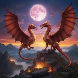 A majestic dragon and a radiant phoenix in a mystical landscape under a twilight sky