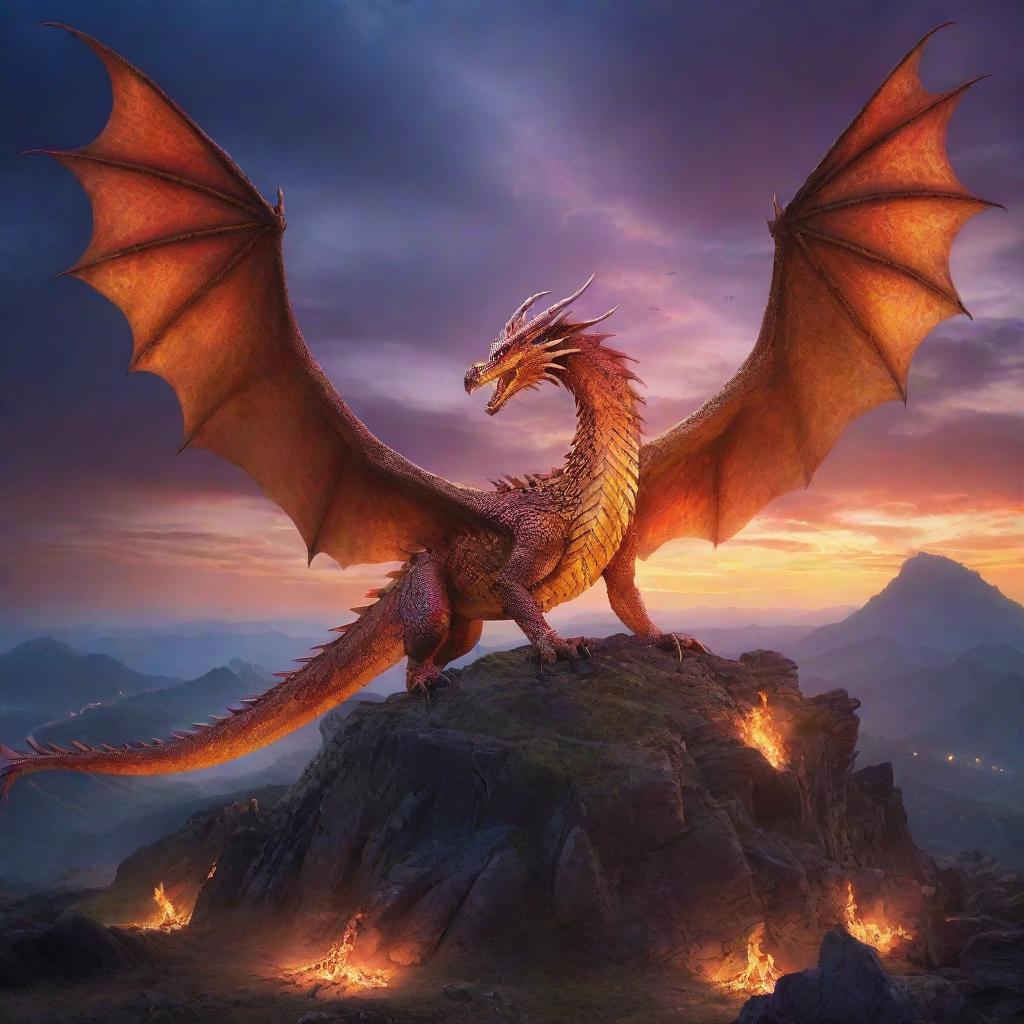 A majestic dragon and a radiant phoenix in a mystical landscape under a twilight sky