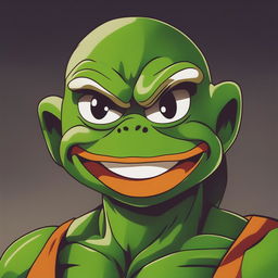 This digital art image creatively reimagines Saibaman from the Dragonball series as Pepe the Frog, a famous internet meme character