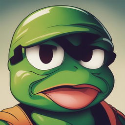 This digital art image creatively reimagines Saibaman from the Dragonball series as Pepe the Frog, a famous internet meme character