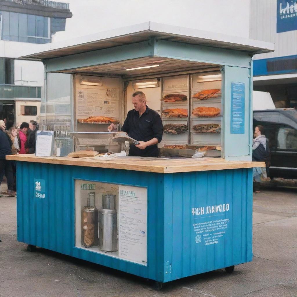 A sustainable kiosk made from an intermodal container, featuring a fishmonger teaching about fish among recycled items.