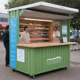 A sustainable kiosk made from an intermodal container, featuring a fishmonger teaching about fish among recycled items.