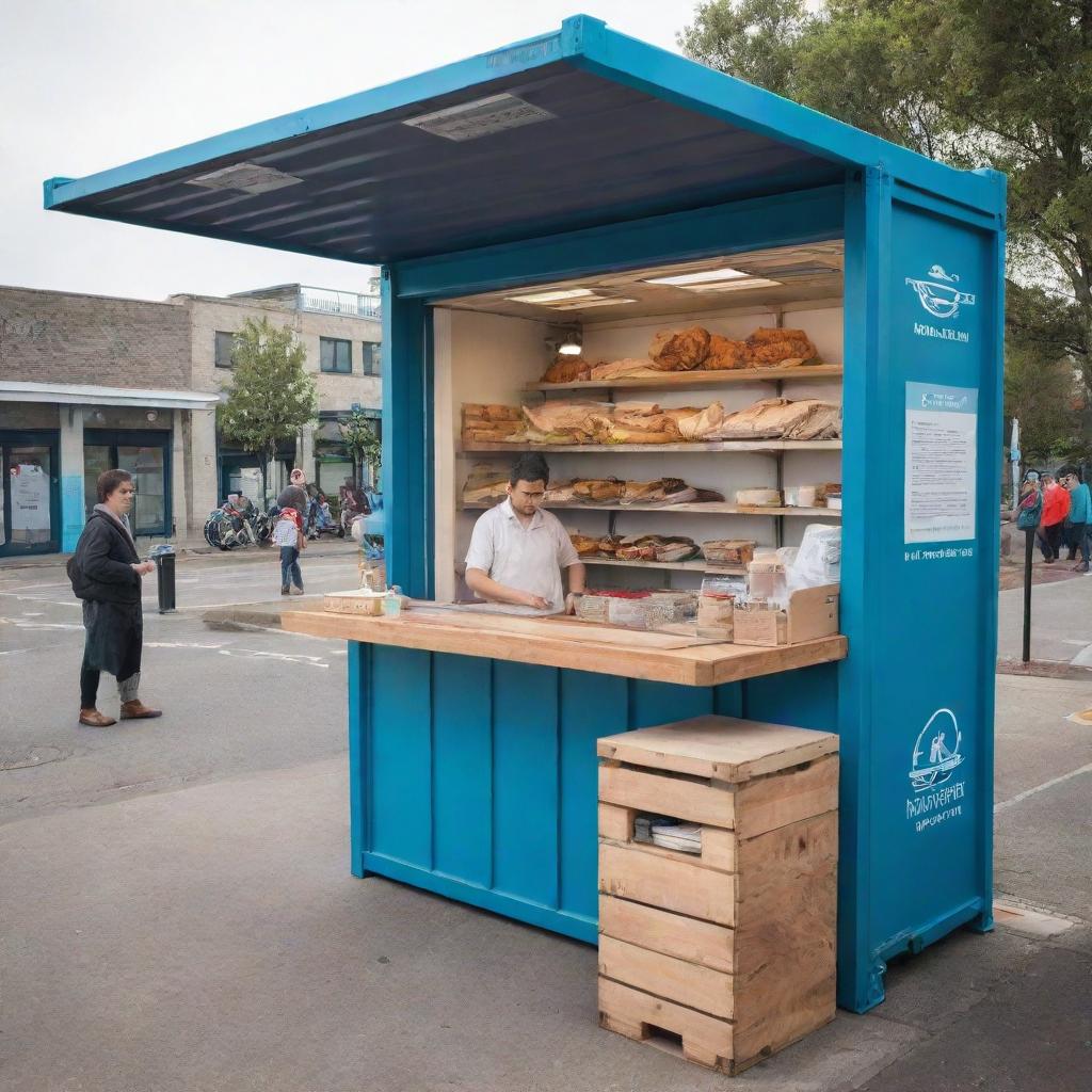 A sustainable kiosk made from an intermodal container, featuring a fishmonger teaching about fish among recycled items.