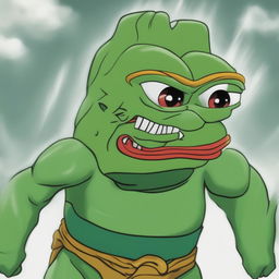 This digital art image shows a unique transformation of Saibaman from the Dragonball series into the meme character, Pepe the Frog