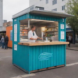 A sustainable kiosk made from an intermodal container, featuring a fishmonger teaching about fish among recycled items.