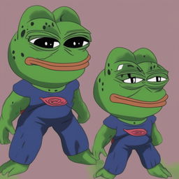 This digital art image shows a unique transformation of Saibaman from the Dragonball series into the meme character, Pepe the Frog