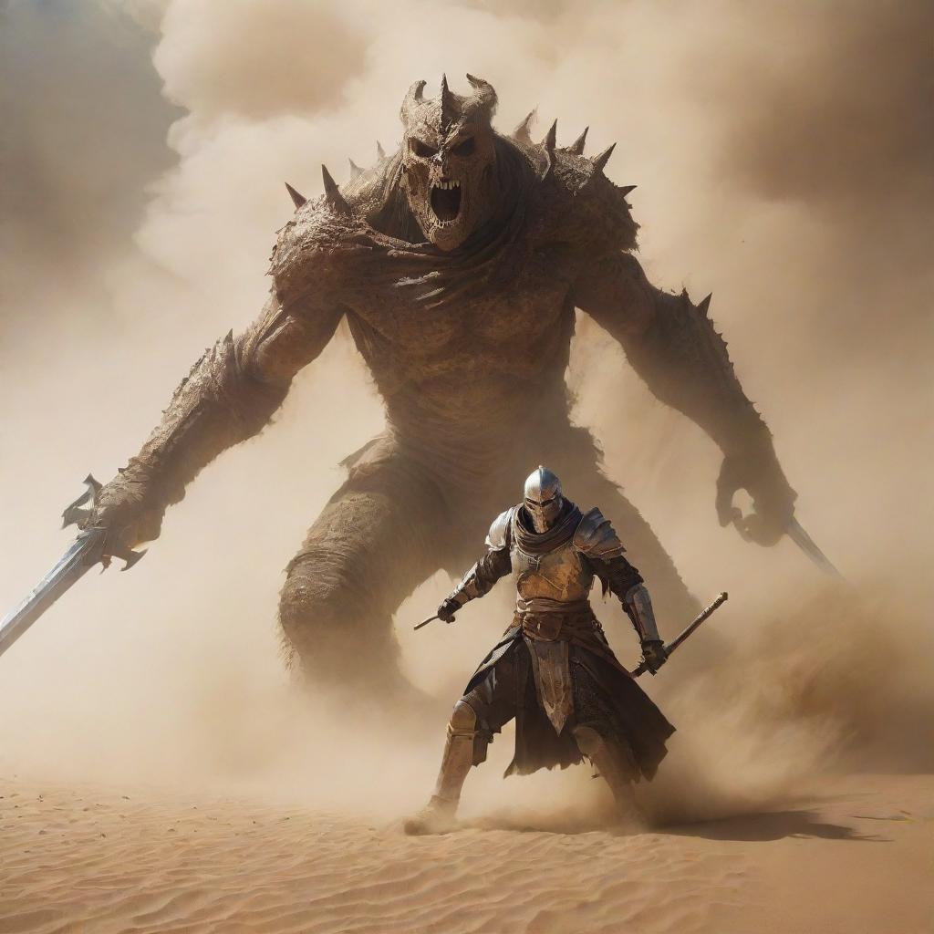 An intense scene where a frightening monster is emerging from a raging desert sandstorm, while facing it, stands a gleaming knight unsheathing his luminescent sword.