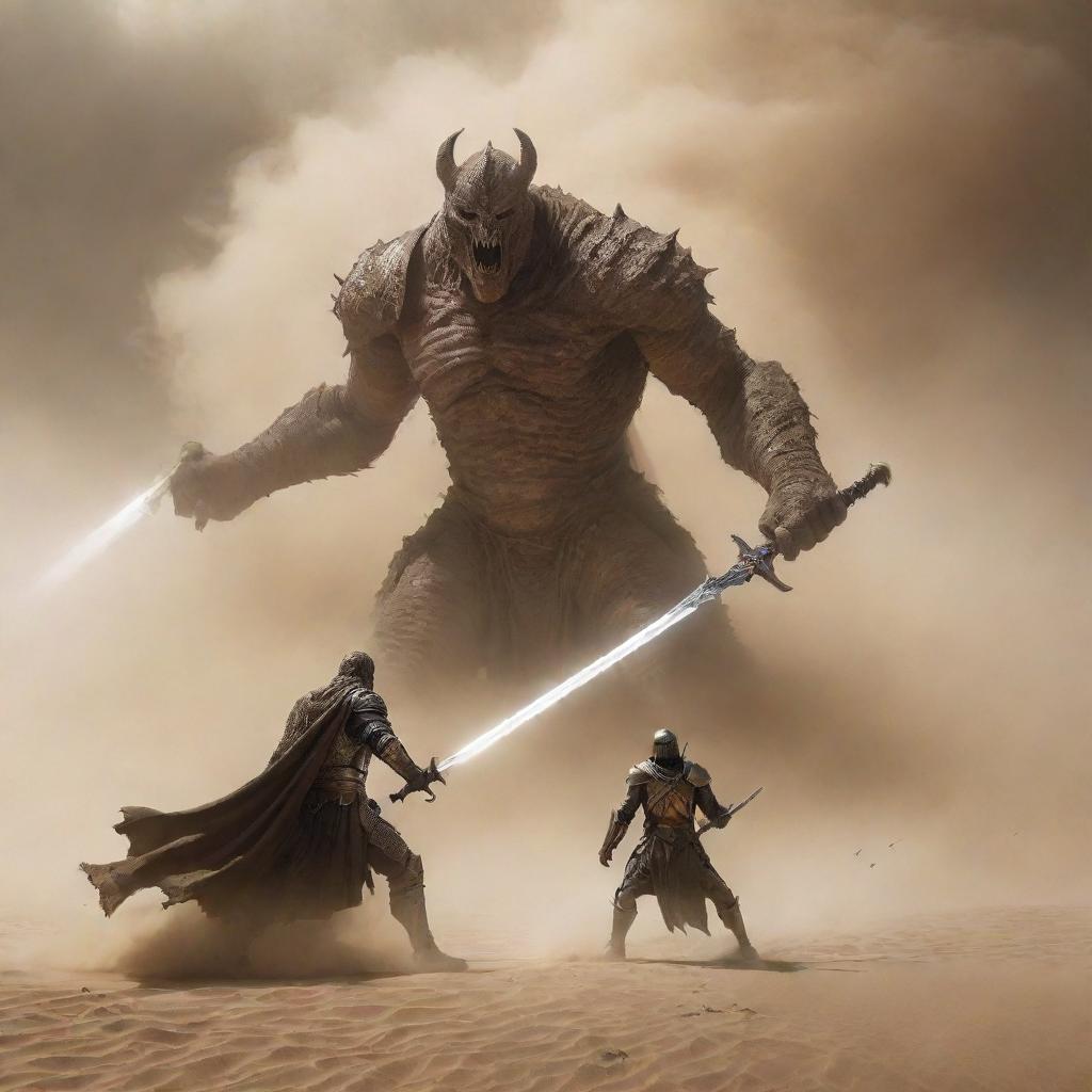 An intense scene where a frightening monster is emerging from a raging desert sandstorm, while facing it, stands a gleaming knight unsheathing his luminescent sword.