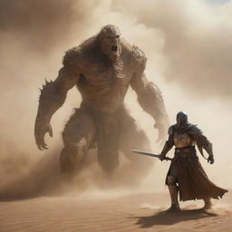 An intense scene where a frightening monster is emerging from a raging desert sandstorm, while facing it, stands a gleaming knight unsheathing his luminescent sword.