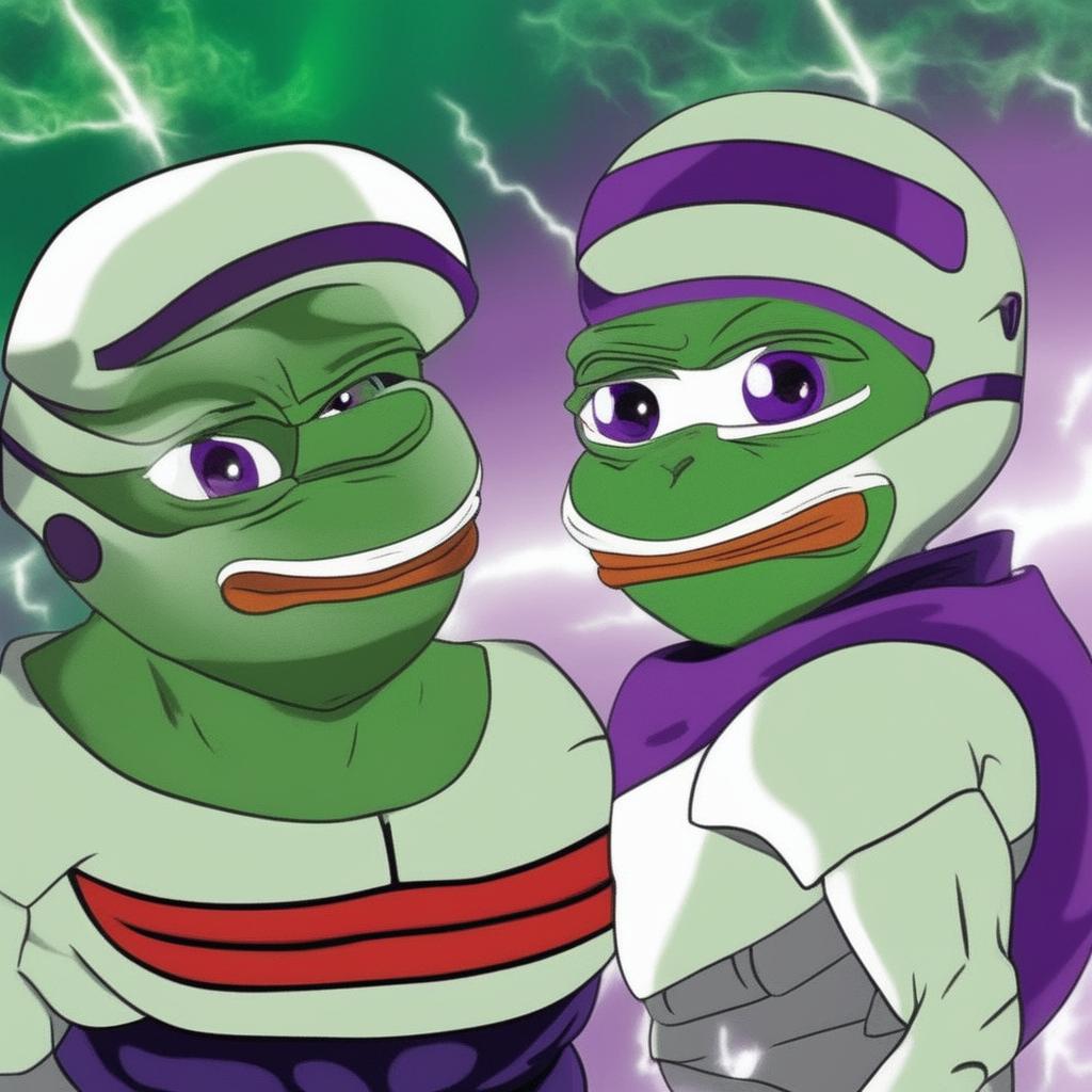 This digital art image depicts a creative transformation of Frieza in his first form from the Dragonball series into the internet meme character, Pepe the Frog