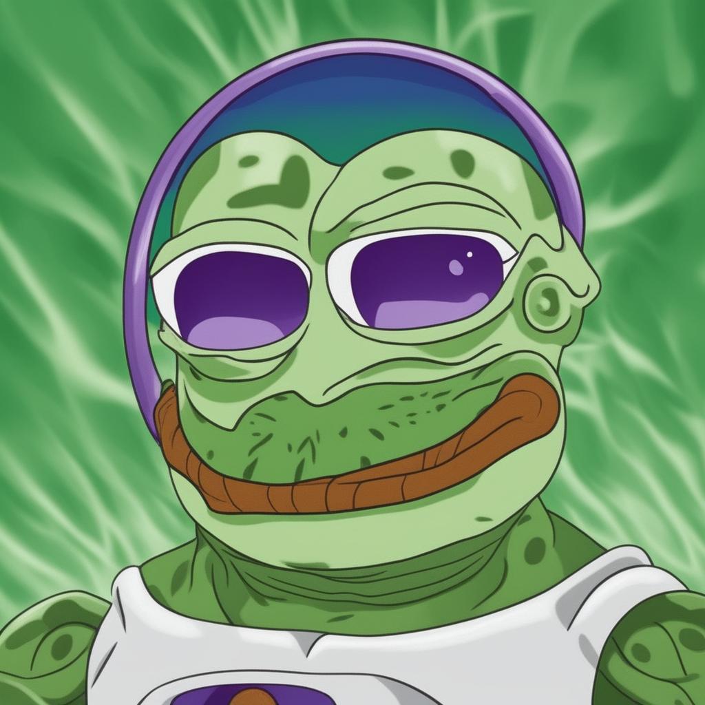 This digital art image depicts a creative transformation of Frieza in his first form from the Dragonball series into the internet meme character, Pepe the Frog