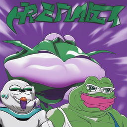 This digital art image depicts a creative transformation of Frieza in his first form from the Dragonball series into the internet meme character, Pepe the Frog