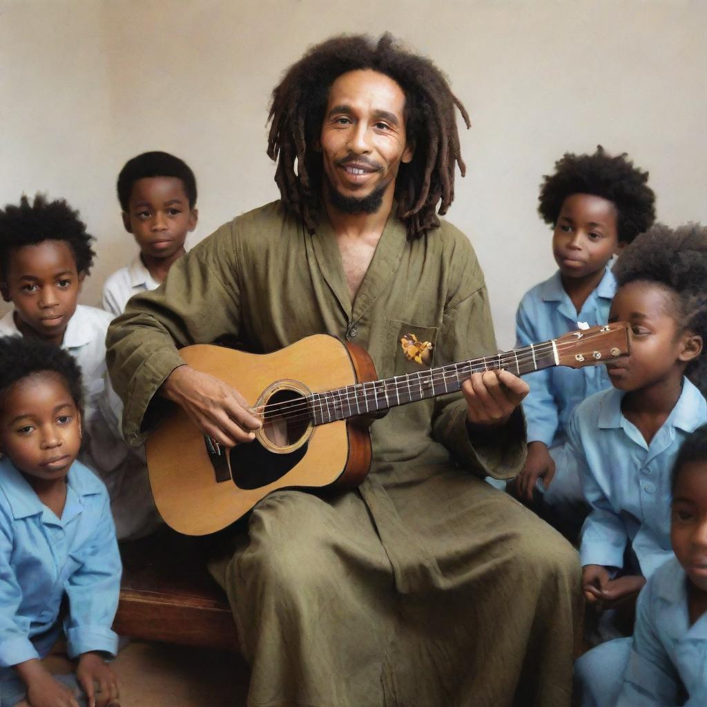 A hyper-realistic image of Bob Marley in a robe, imparting guitar lessons to a diverse group of children, capturing a sense of unity and tranquility.